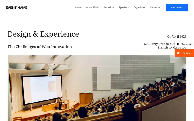 Event Landing Page — screenshot of the live demo, taken by us